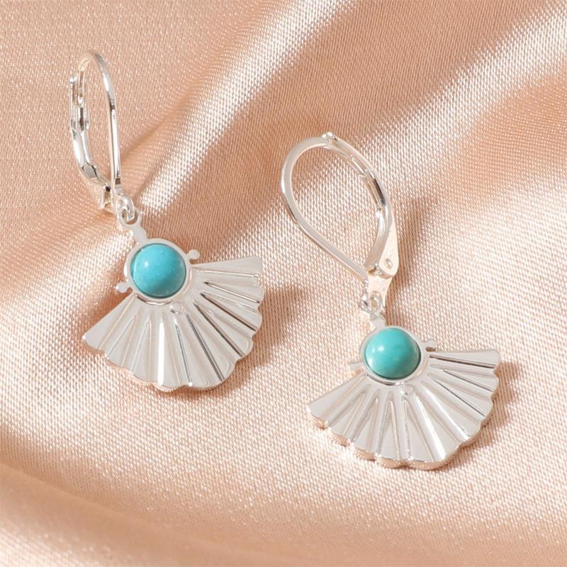 French Retro Fan-shaped Fishtail Earrings for Women Inlaid with Natural Stone Stainless Steel Electroplated Thick Earrings