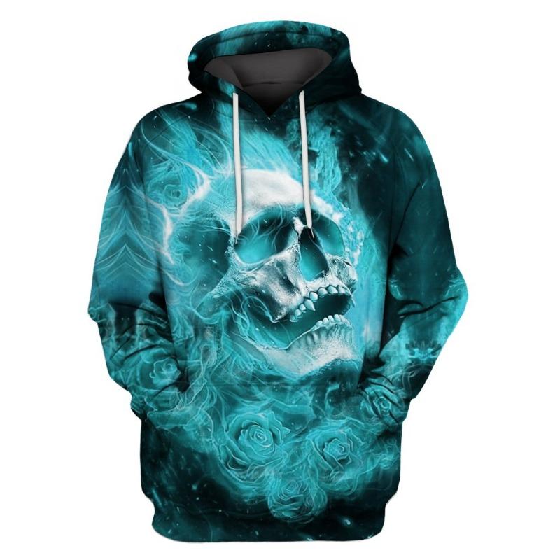 Autumn Vintage Hoodie Men Skull Flaming Graphic 3D Print Hip Hop Style Casual Men's Long Sleeve Oversize Comfortable Clothing