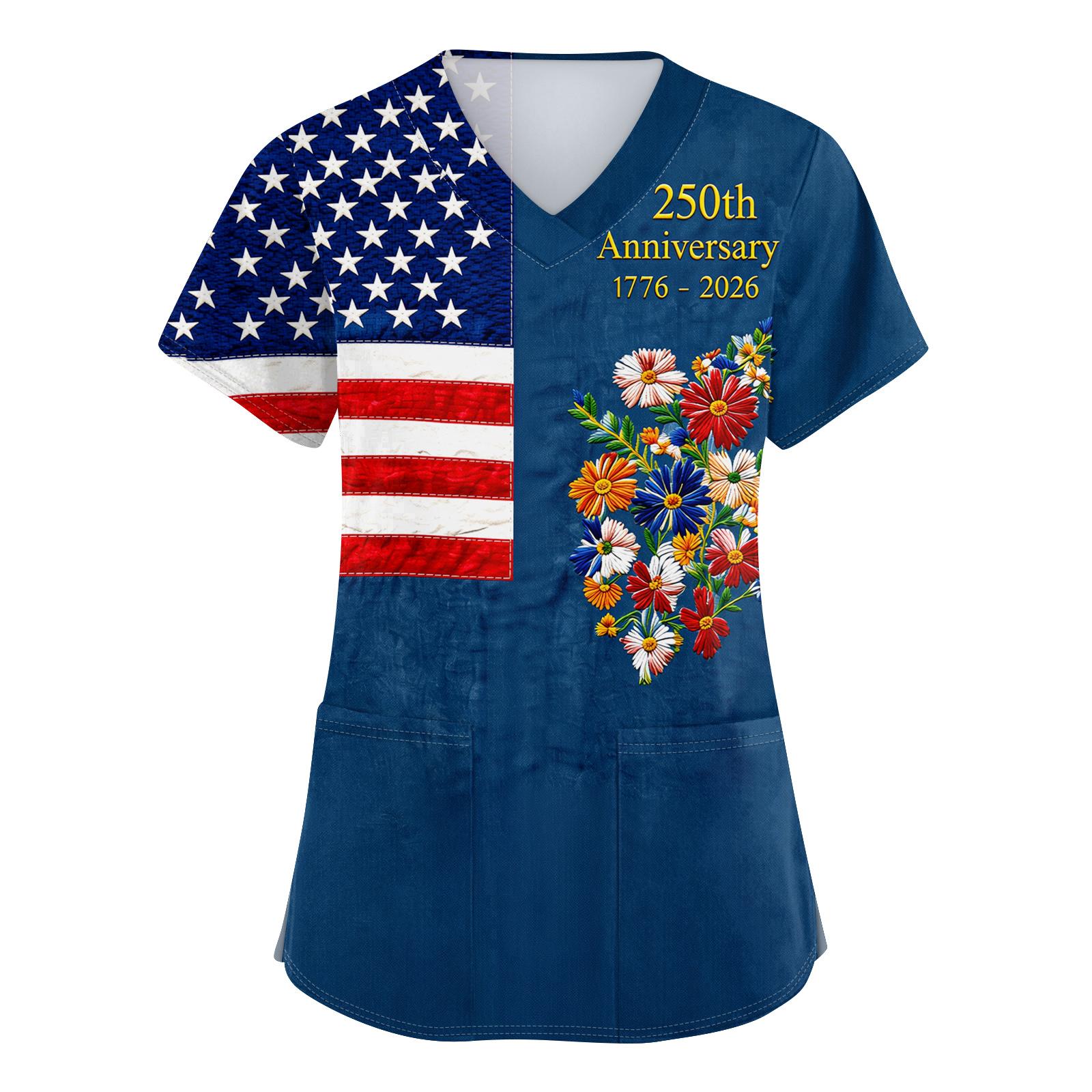 

Women s Short-Sleeve Independence Day Print V-Neck Pocket Workwear Top S синій
