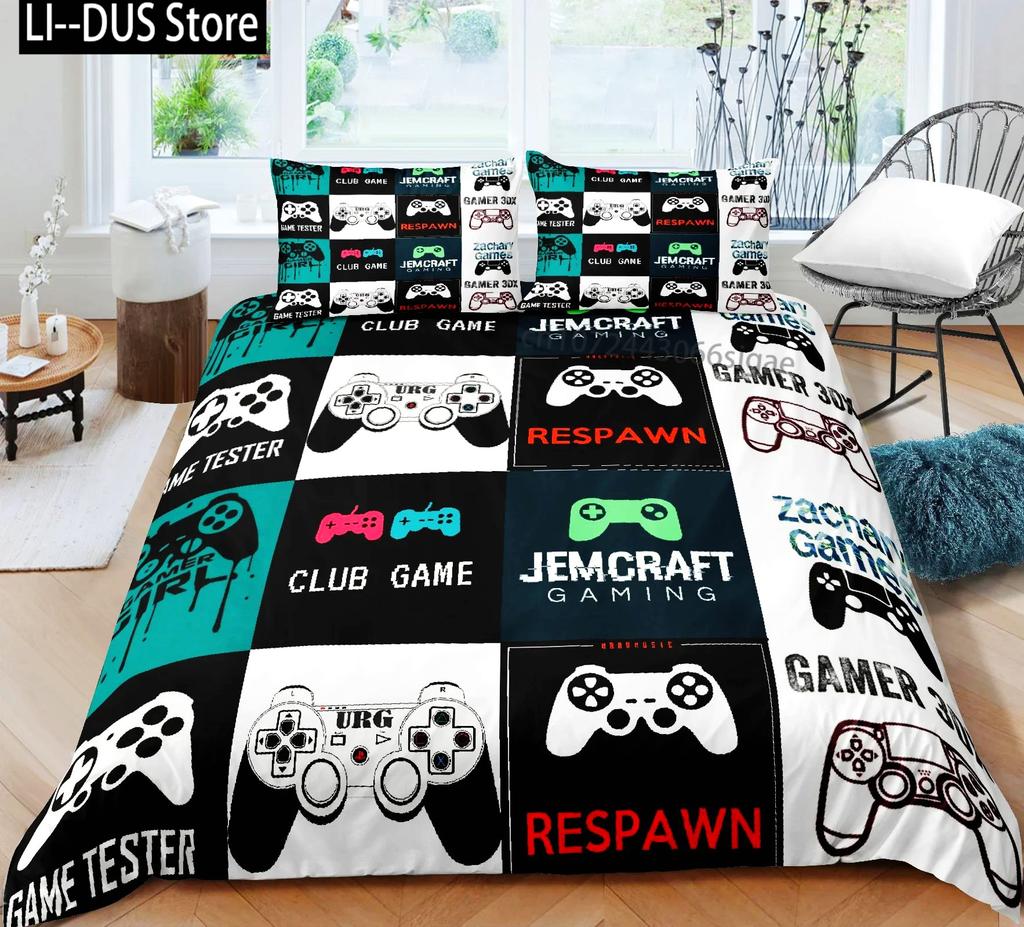 Set de lenjerie de pat pentru gamer pentru dormitor, moale, modern, cu gamepad, cuverturi confortabile pentru copii, husă de plapumă, husă de pilotă cu jocuri video și față de pernă