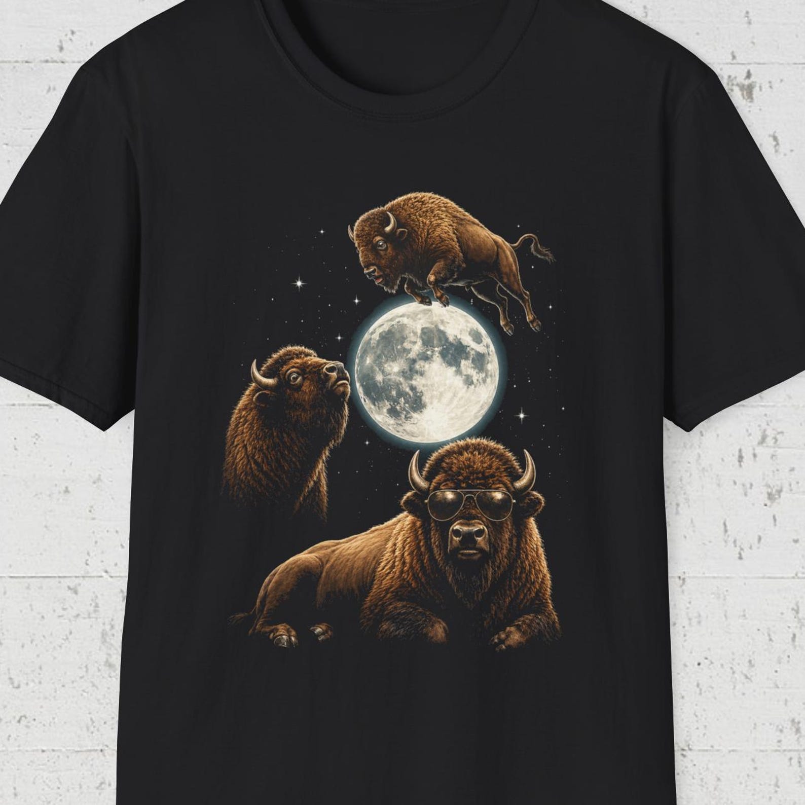 Funny Bison Moon Shirt, Surreal Buffalo Tee, Floating Bison T shirt, Weird Animal Tee, Night Sky Moon Shirt, Buffalo Under Moon Tee 2XL