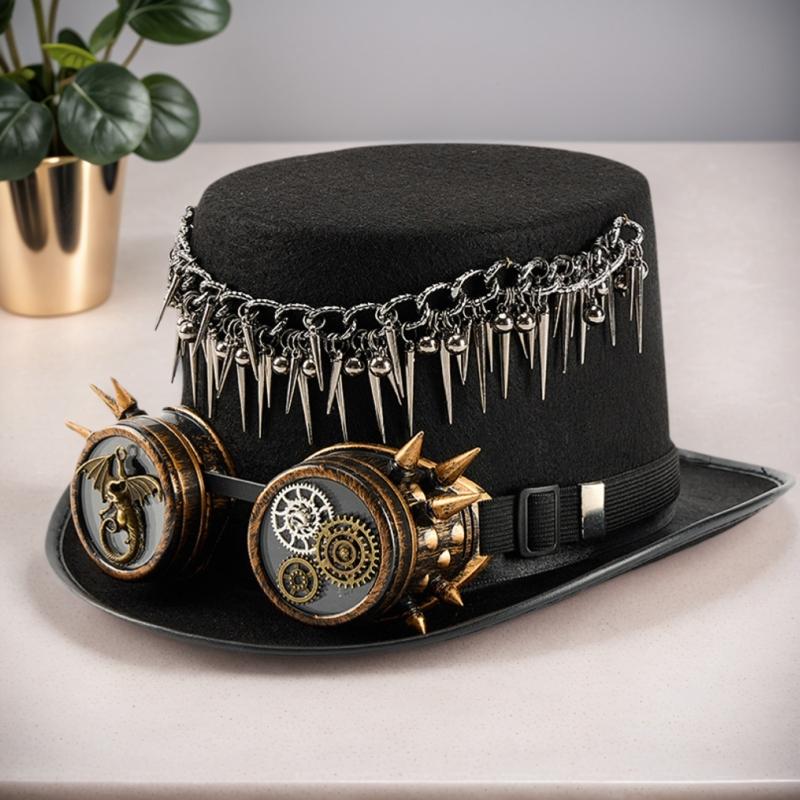 Steampunk Top Hat With Detachable Goggles Rivets Fringe Gear Decors Tall Hat For Halloween Costume Party Accessories