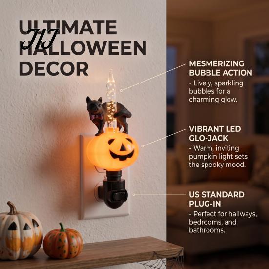 Halloween Night Light Black Cat Pumpkin for Halloween, LED Light-up Plug-in Lamp Lamp, Glowing Ambient Holiday Party Decor Decorative