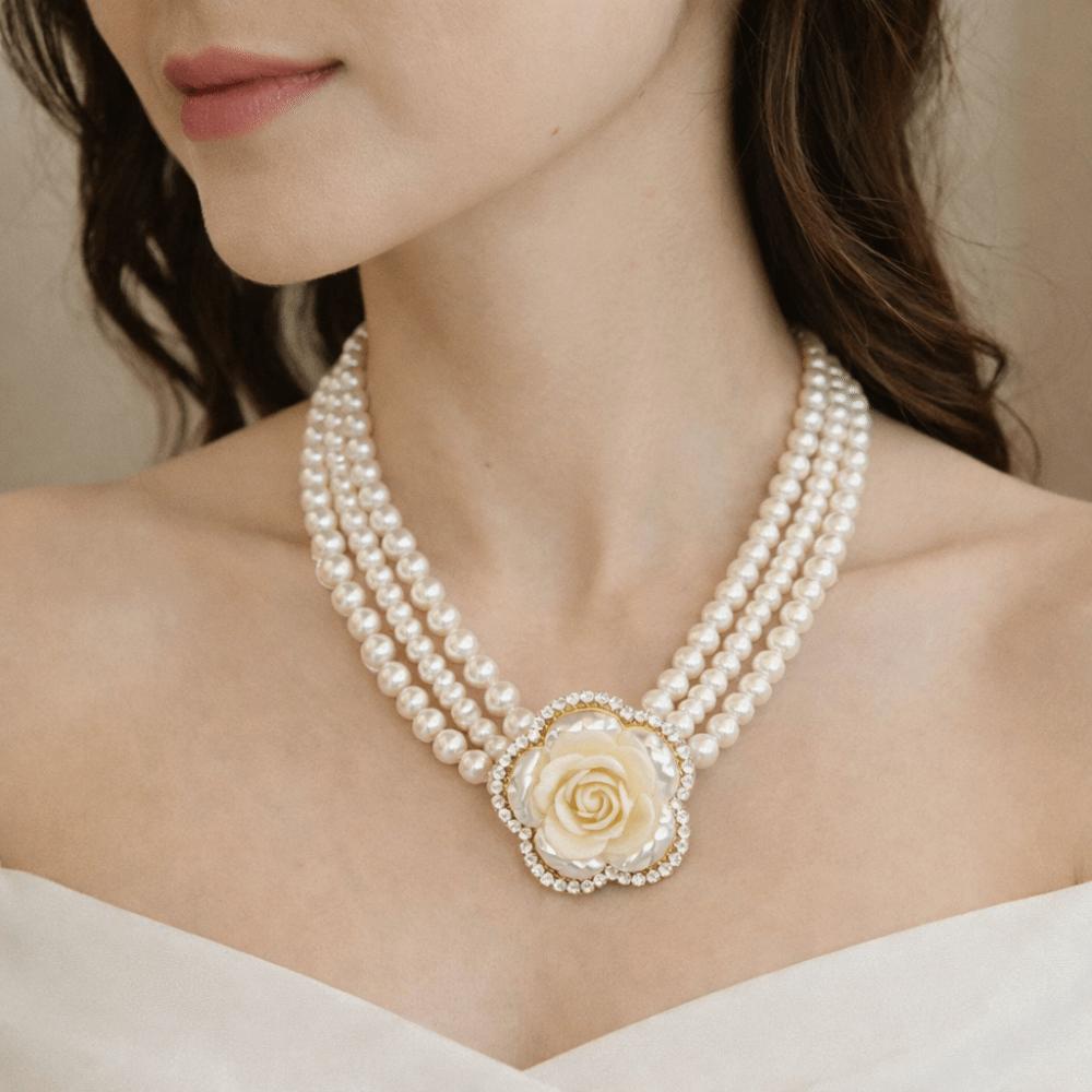 Rhinestone Multi-layer Necklace Baroque Style Camellia Clavicle Chain Pearl Flower Necklace  Girls