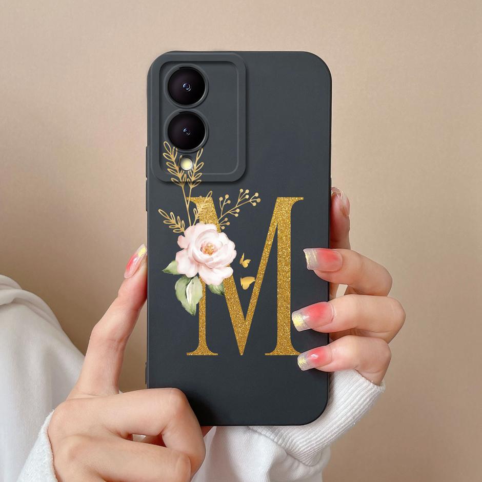 Case For VIVO Y17S 4G A To Z Cute Flower Letter Pattern Smooth Liquid Silicone Shell For VIVOY17S Y17s 4G Fashion Couple Fundas
