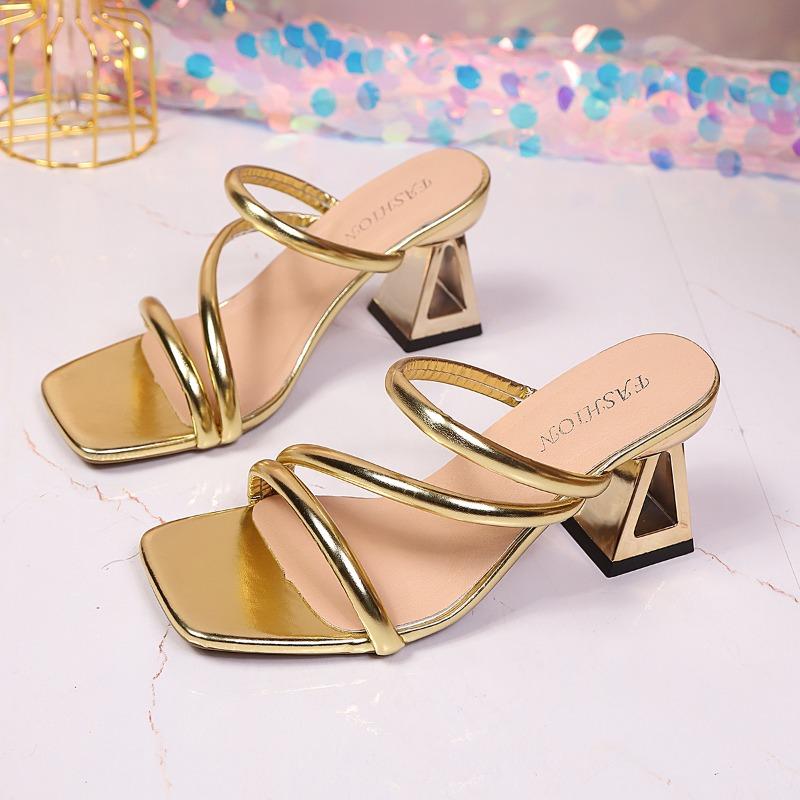 Fashion Square-toe Open-toe Plus-size Women's Shoes Summer New One-word High-heeled Cool Mop