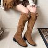Fashionable knight boots for women wear niche personalized suede square head boots thick heel new belt buckle brown