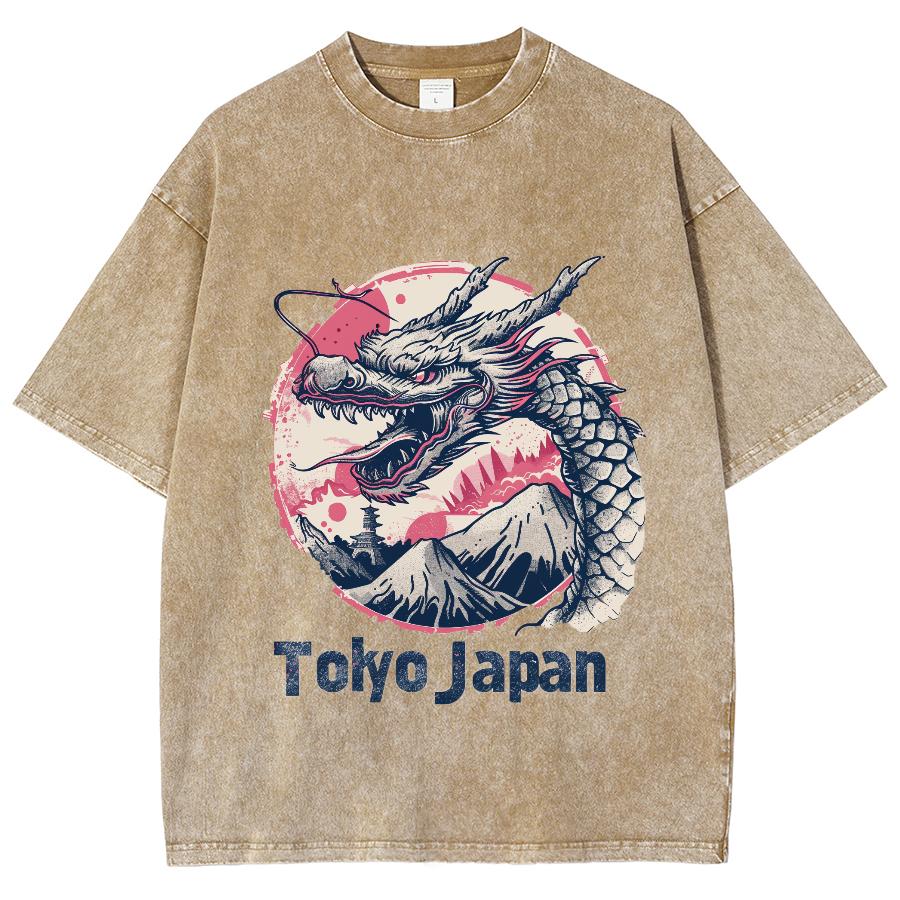 Japan Tokio Alphabet Drachen Print Damen Washed T-Shirt Baumwolle Locker Große Größe Unisex Halbarm Vintage Nische Top