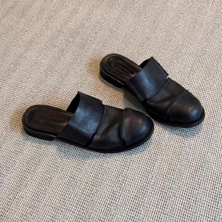 Soft Leather Version! Black Bag Head Half Slippers Women's Retro Soft Leather Lazy One-pedal Muller Shoes Low-heeled Roman Shoes