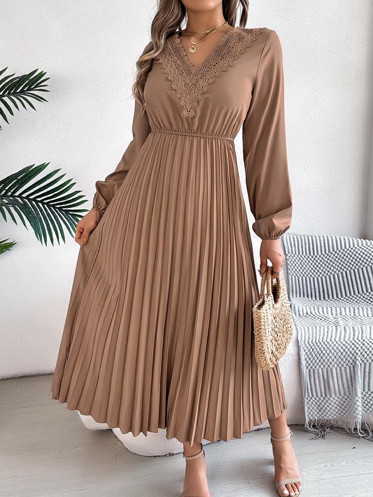 Dames Elegante Europese Stijl V-hals Kant Hoge Taille Lange Mouwen Geplooide Maxi Jurk
