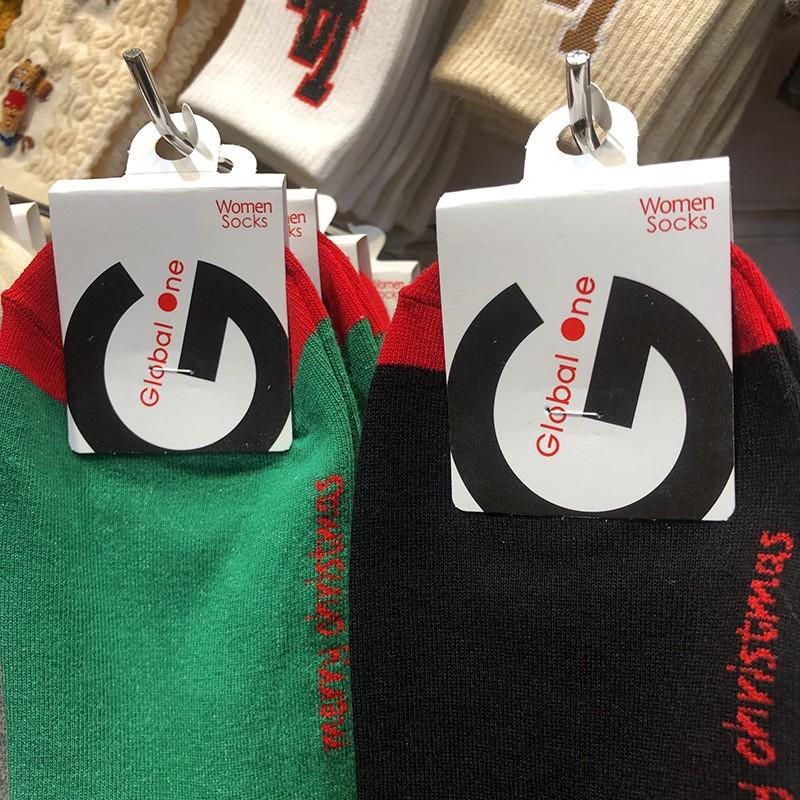 2025 Women's Korean Mid-Calf Christmas Socks: Color Block Heel Cartoon Design for Autumn/Winter Happy Party.