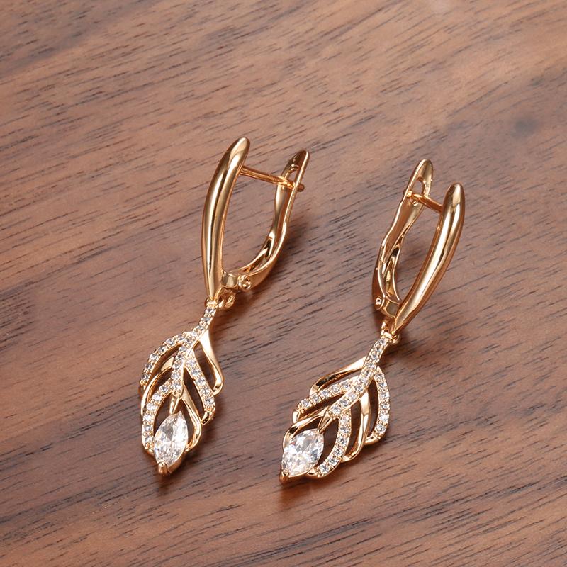 Rose Gold Color Leaf Long Dangle Earrings For Women Fashion Natural Zircon Accessories Daily Fine Vintage Jewelry
