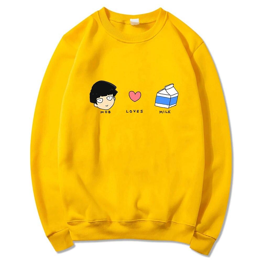 Anime Mob Psycho 100 Mob Loves Milk Hoodies Winter Unisex/women Tops Crew Neck Hoodie Autumn Sweatshirt Vintage Harajuku Sudaderas