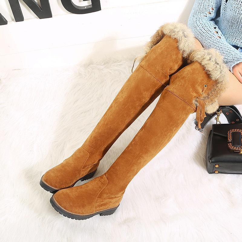 Warm Snow Boots Women Winter Shoes Suede Knee High Boots Ladies Fashion Low Heels Warm Fur Plush Long Boots Female