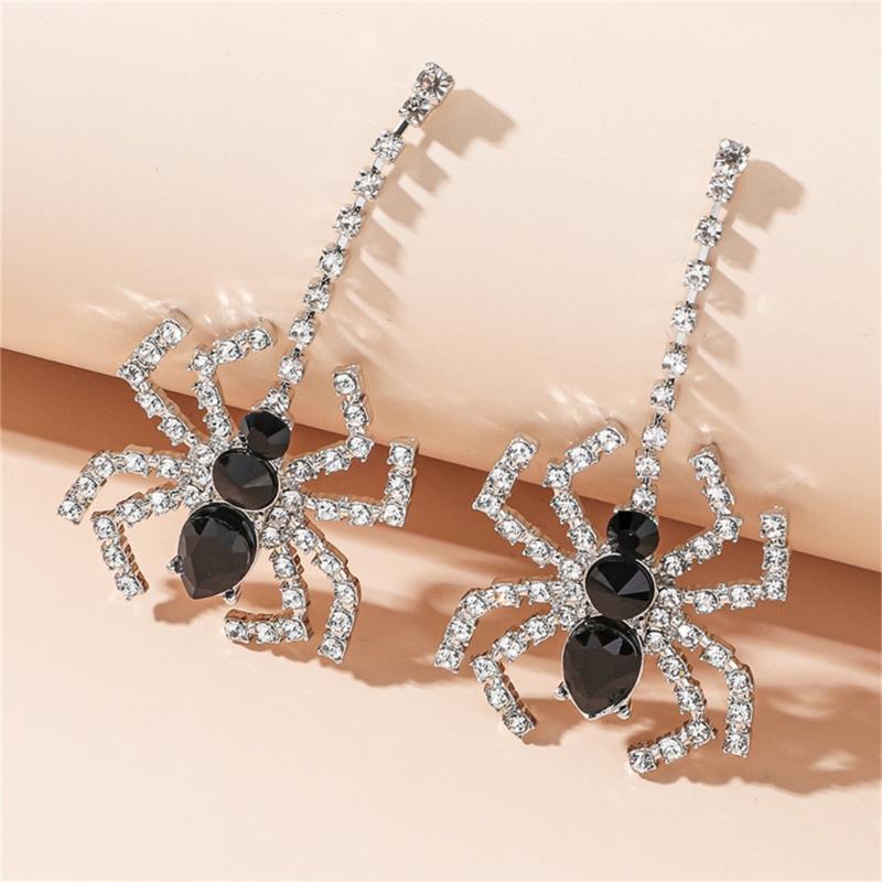 Halloween Jewelry Black Cubic Rhinestones Dangle Spiders Earrings For Women Girl