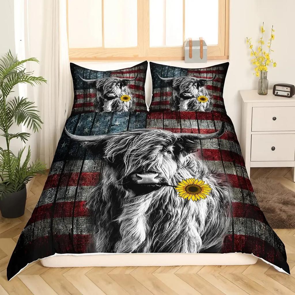 Zestaw Poszwy na Kołdrę Highland Cow Rozmiar Twin Krowa Kwiatowy Zestaw Pościeli Żółty Słonecznik Zachodni Zabawny Zwierzę Krowa Poliestrowa Poszwa na Kołdrę