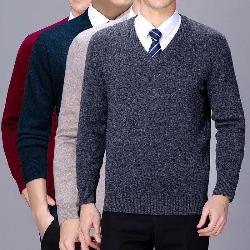 Men's Versatile V-Neck Cashmere Sweater: Warm Autumn/Winter Knit for Middle-Aged & Young Adults