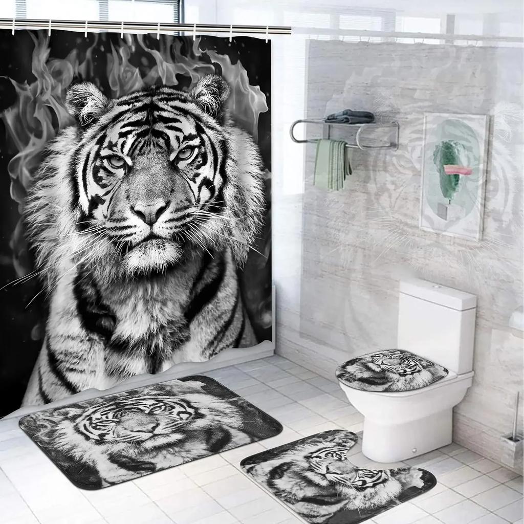 Black Tiger Animals Printed Shower Curtain Set Bathroom Bathing Screen Anti-Slip Toilet Lid Cover Carpet Rugs Kitchen Home Decor