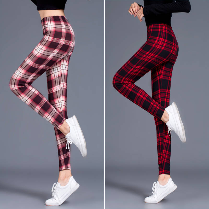 Frühling Herbst Dünne Milchseide Karierte Leggings, Dehnbare Skinny Knöchellange Hosen für Damen Außenbekleidung