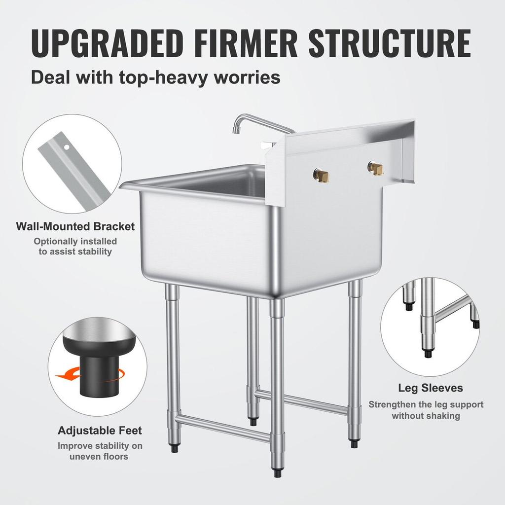 Stainless Steel Prep & Utility Sink, 1 Compartment Free Standing Small Sink Include Faucet & legs, 27"x41" Commercial Single Bowl Sinks for Garage,