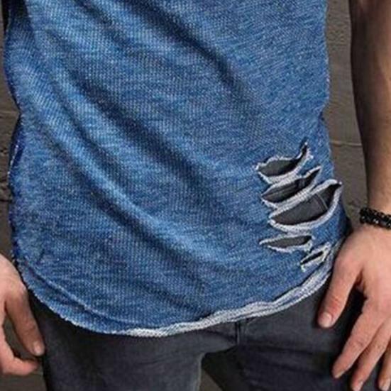 Summer T-shirt Solid Color Short Sleeve Cotton Blend Hole Design Top Pullover for Men T-shirt