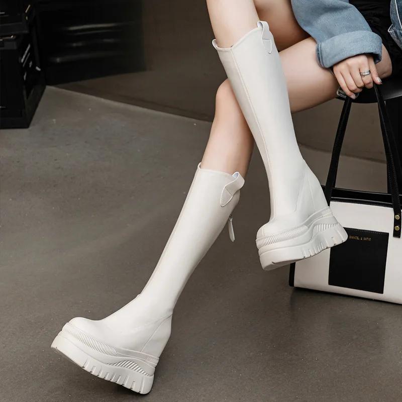 Fashion 12CM Microfiber Leather Platform Wedge Knee High Booties Women Autumn Slip on Spring Chimney Hidden Heels Over The Shoes