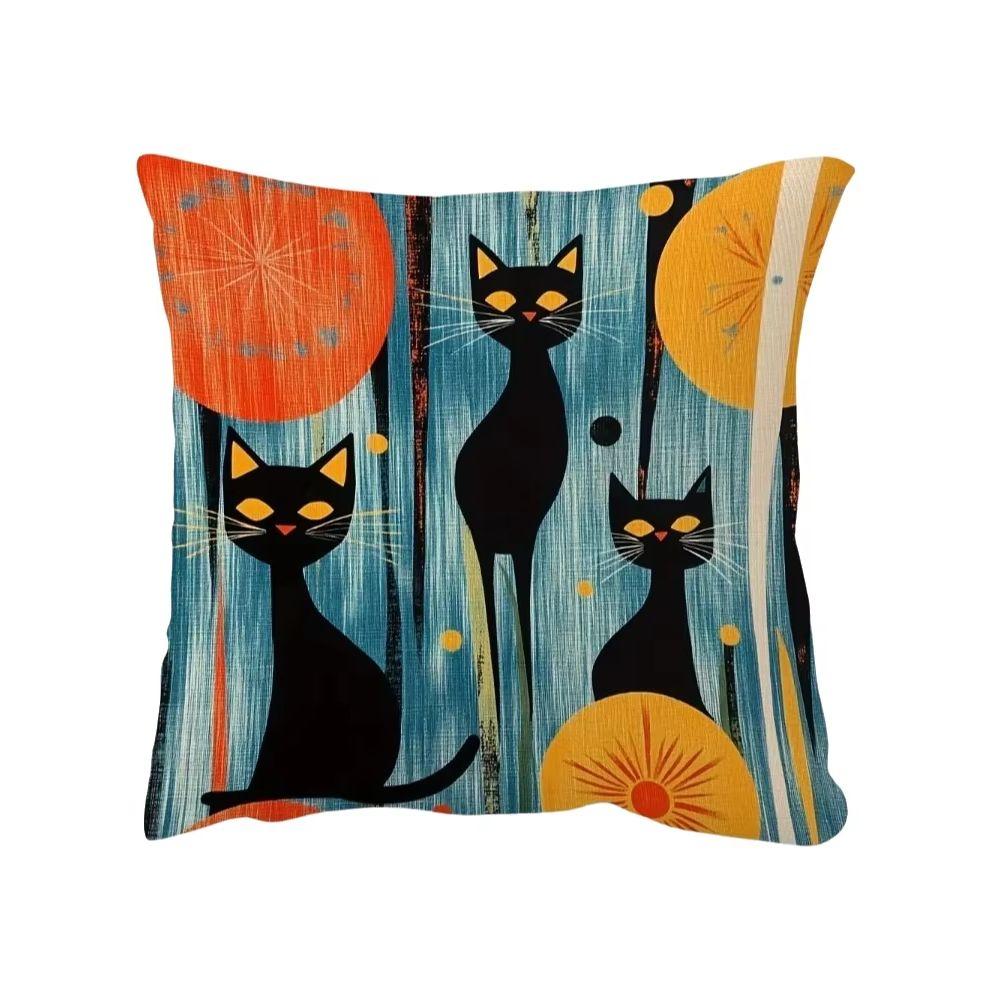 1Pc Mid-Century Black Cat Throw Pillow Cover, 2D Double-Sided Print Soft Polyester Cushion Case For Home Sofa Bedroom Car Decor