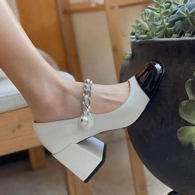 Καλοκαιρινό Παπούτσι Γυναικείο 2024 Ψηλοτάκουνα Πολυτελή Παπούτσια Γυναικεία Mary Janes Γόβες Τετράγωνη Μύτη Δερμάτινα Σανδάλια Μαύρο Λευκό Μπάλωμα 39