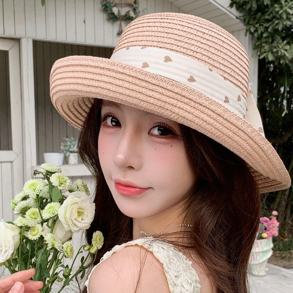 

Straw Sun Hat Sweet Wide Brim Hat Foldable Visor Cap Sun Women S Beach Hat For City Travel Outdoor Picnic Spring Wear рожевий