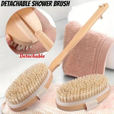 Wooden Soap Box Shower Brush Set Natural Bristle Detachable Long Handle for Back Exfoliating Massager Bathroom Accessories Set