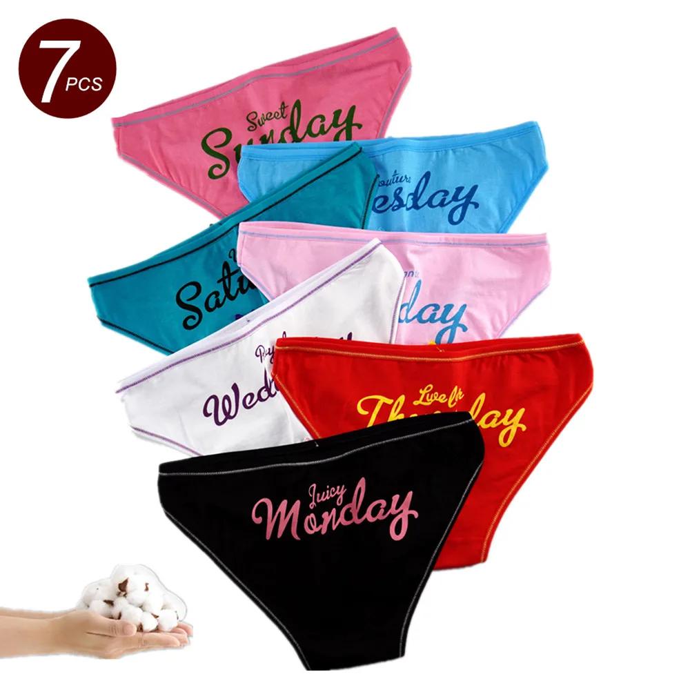 7 Stück/Packung Woche Gedruckte Bikini Unterwäsche Damen Baumwolle Buchstaben Bikini Slips Bequeme Damen Übergröße Slips Dessous S-XXL