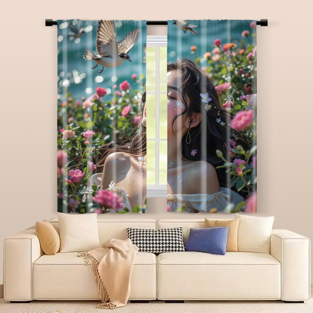 2 Pcs   Filtering Curtains (excluding Rods   Non-movable   Without Batteries) Floral Woman for Use In Bedrooms and Living Rooms