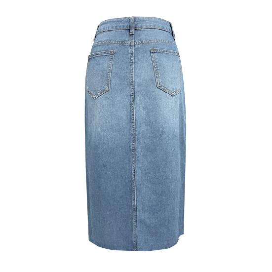Højtaljet Denim Nederdel Kvinder Sommer Knapper Lynlås Gylp Lommer A-formet Nederdel Midterste Front Slids Design Midi Nederdel Streetwear