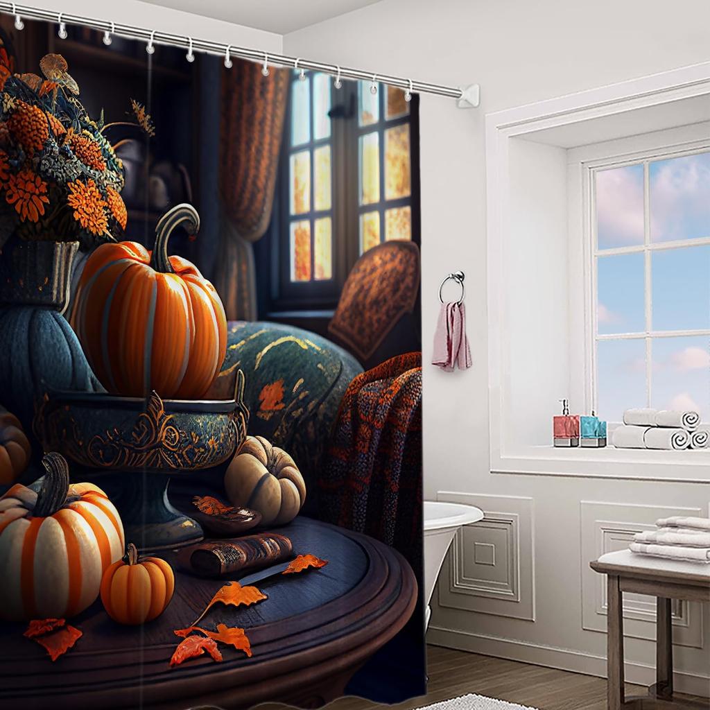 Harvest Theme Shower Curtain Featuring Pumpkins Leaves And Floral Arrangement Fall Inspired Design Elegant Bathroom Decoration