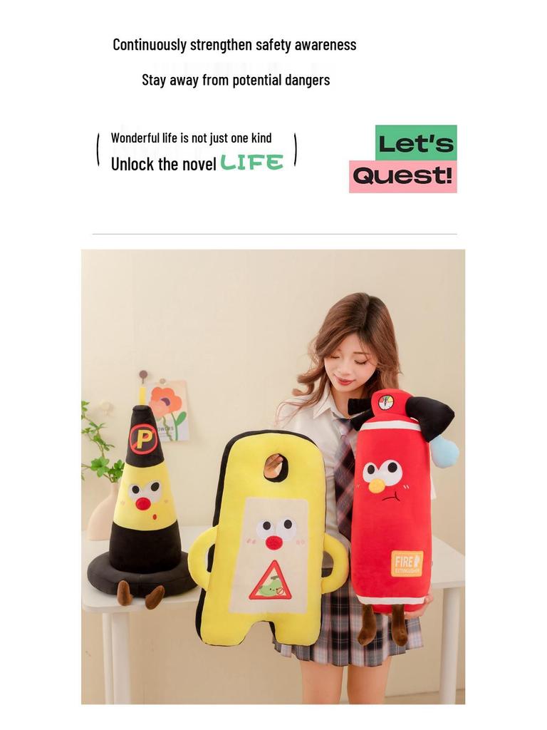 Cartoon Fire Extinguisher Plush Pillow with Road Cone Backrest and Warning Sign Prop