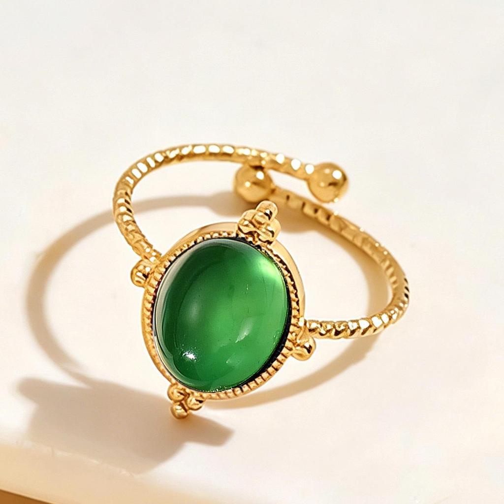 European & American Stainless Steel Retro Geometric Gemstone Ring - Adjustable Open Design for Women