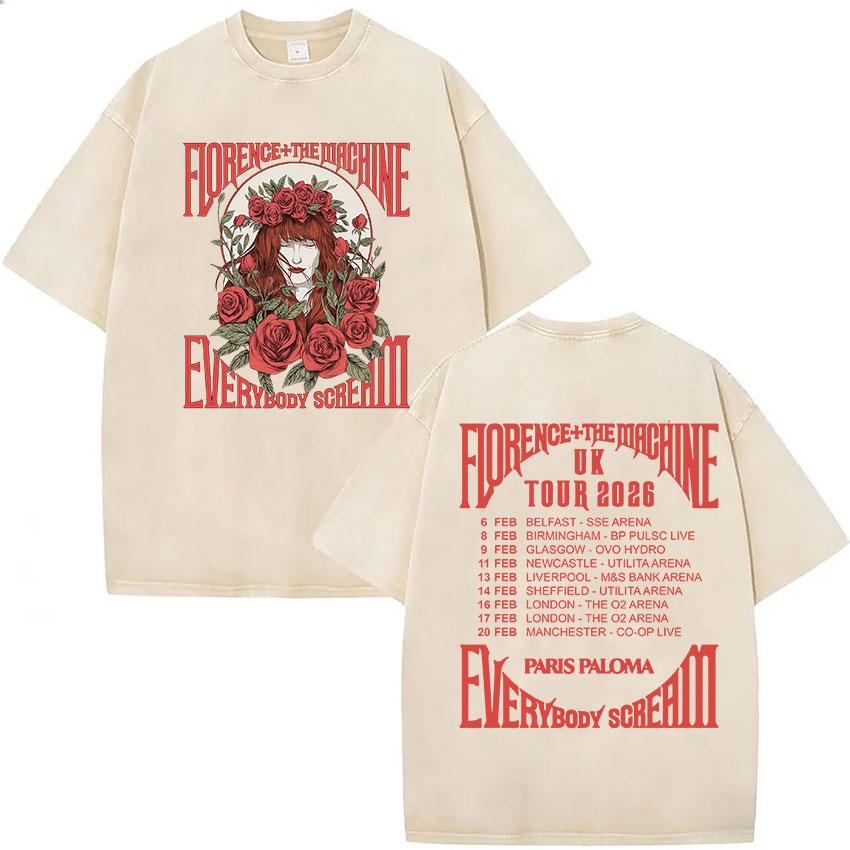 Vintage Washed Florence The Machine Everybody Scream Tour T Shirts Men's Women Gothic Hip Hop Punk Short Sleeve T-shirt