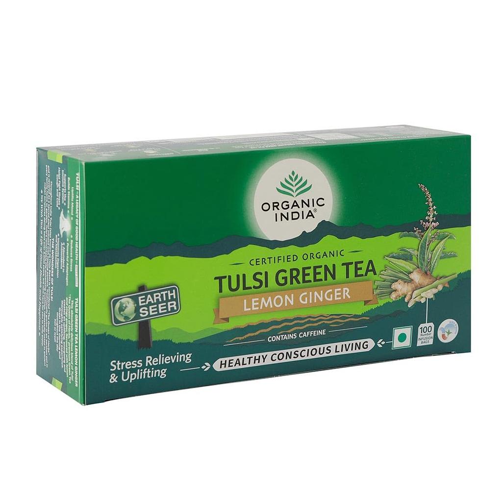 ORGANIC INDIA Tulsi Green Tea Lemon Ginger 100 Teabags Refreshing Aromatic Blend For Daily Wellness And Uplifting