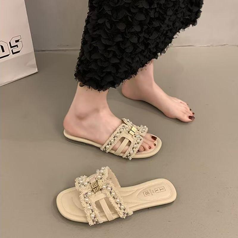 Women's outer wear 2025 summer new soft-bottomed one-word fairy versatile pearl beach drag Xiaoxiangfeng flat-bottomed slippers