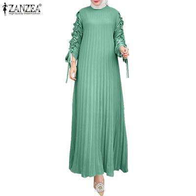 Womens Casual Drawstring Long Sleeve Loose Pleated Long Dress