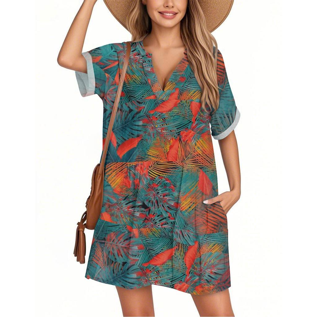 Damenmode Smock Hawaiian Floral Casual Kurzarm V-Ausschnitt T-Shirt Kleid Urlaub Strandkleid