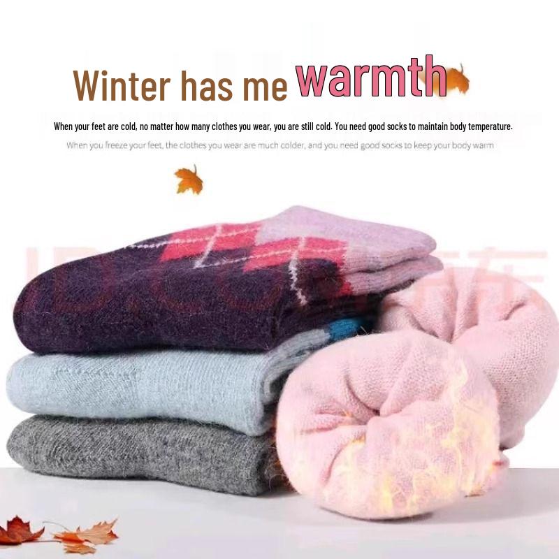 Langsha Women's Thickened Mid-Calf Rabbit Wool Plaid Socks for Autumn and Winter.