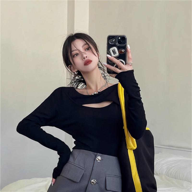 Hollow Long-sleeved T-shirt Women's New Autumn Spice Girls Sexy Slim Design Feeling Base Shirt Student Top