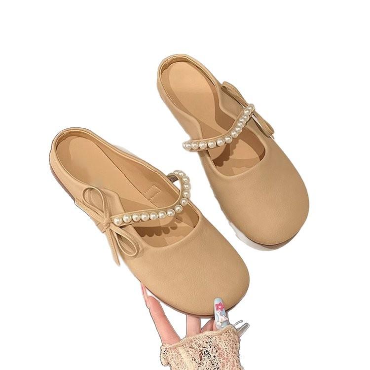 Baotou half slippers women's summer wear casual and versatile 2025 new pearl one-pedal flat sandals lazy shoes