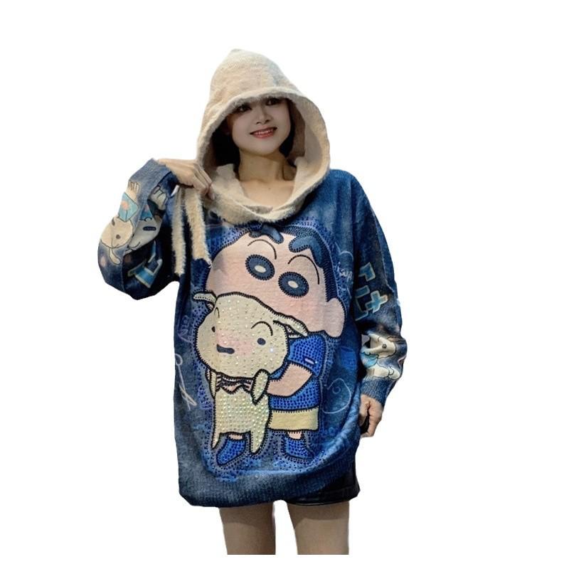 European Plus Size Crayon Shin-chan Print Hooded Sweater - Autumn 2024