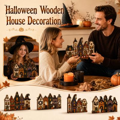 2D Wooden Tabletop House Village Halloween Decor - Vintage Town Scene for Desk Shelf Mantel