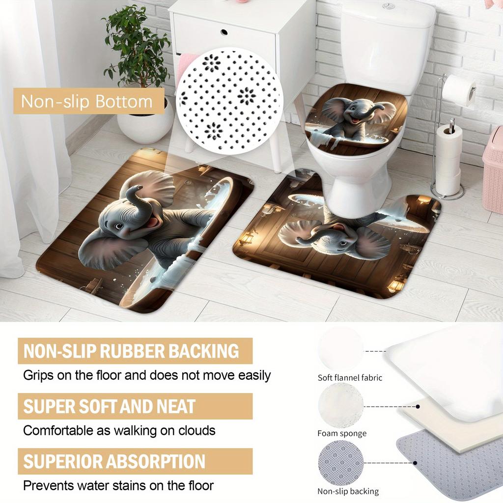 4Pcs Bathroom Shower Curtain Set Cute Elephant Pattern Bathroom Curtain With 12 Hooks Non Slip Rugs Toilet Cover Mat Bathroom Partition