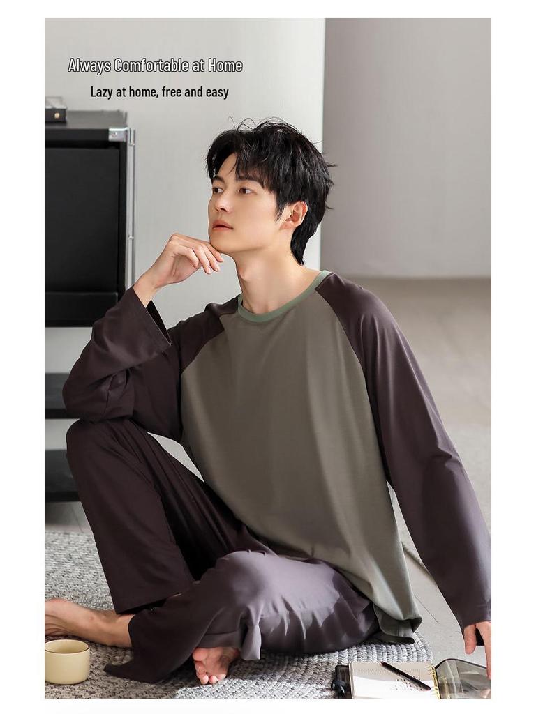 Men's Color Block Modal Pajama Set - Long Sleeve Round Neck for Stylish Spring and Autumn Wear