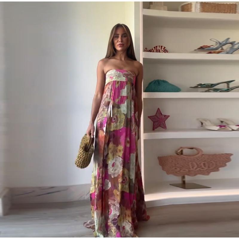 Printed Women Long Dress Backless Pleats A-line Large Hem Robe Elegant Female Party Holiday Long Dresses