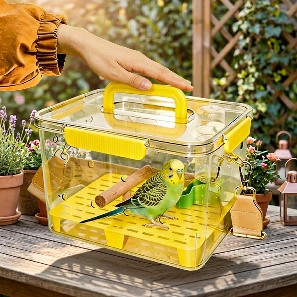 Parrot Eco-friendly Wood & PET Square Portable Perch Anti-stress Semi-transparent Travel Box Indoor Outdoor Use Bird Supplies